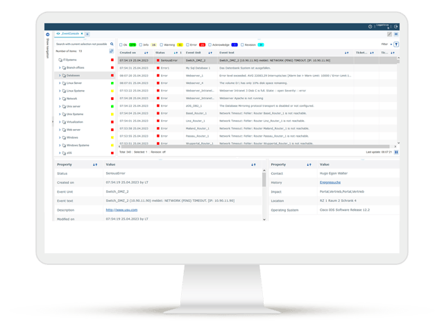 Surveillance à 360° de votre informatique avec corrélation centralisée des événements, optimisation des SLA et moins de tickets - Capture d'écran de l'USU Event Console avec aperçu du statut et informations détaillées.