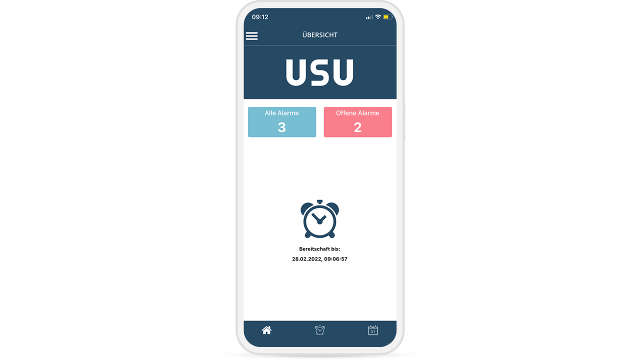 Aperçu mobile des alarmes de l'USU App avec affichage de toutes les alarmes et des alarmes ouvertes ainsi que de l'état de préparation, y compris l'horodatage.