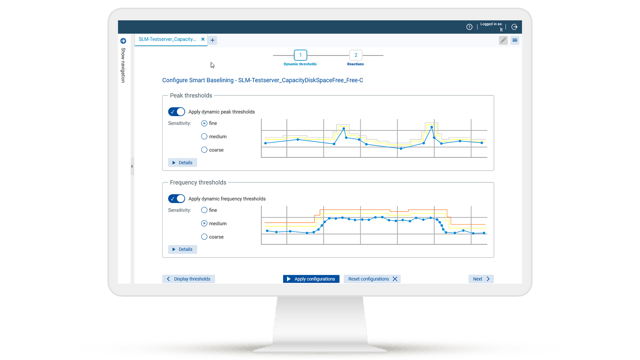 Configuration Smart Baselining avec des seuils dynamiques basés sur l'IA. L'IA analyse les mesures historiques et adapte automatiquement les seuils d'alarme afin de détecter rapidement les anomalies.