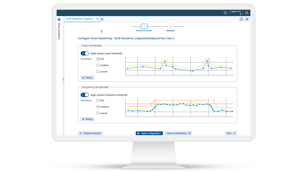 Vue de configuration pour Smart Baselining avec analyse basée sur l'IA. Les seuils dynamiques pour les pics et les fréquences s'adaptent automatiquement aux données historiques.