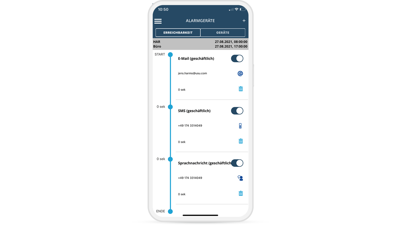 Vue mobile de l'USU Alerting App pour la gestion des voies d'alerte comme l'e-mail, le SMS et le message vocal. Affiche l'ordre et le statut par membre de l'équipe.
