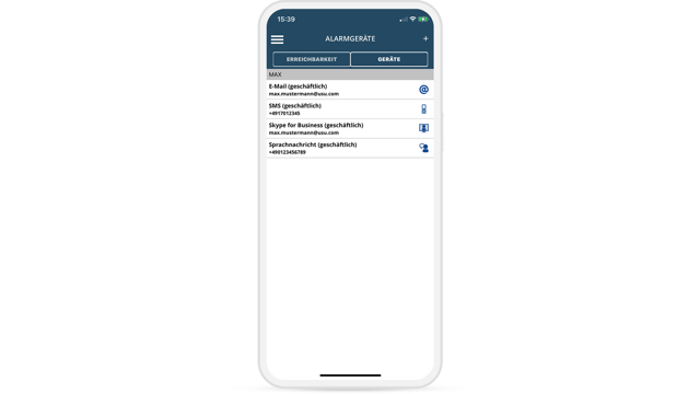Vue mobile des appareils d'alarme dans le service d'alerte informatique basé sur le cloud d'USU. Affiche les voies d'alerte configurables comme l'e-mail, le SMS, Skype et le message vocal.