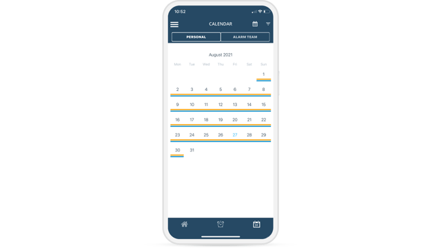 Vue du calendrier mobile dans USU IT Service Alerting. Affiche les astreintes personnelles et d'équipe pour le mois d'août. Les jours avec une astreinte active sont marqués en couleur.
