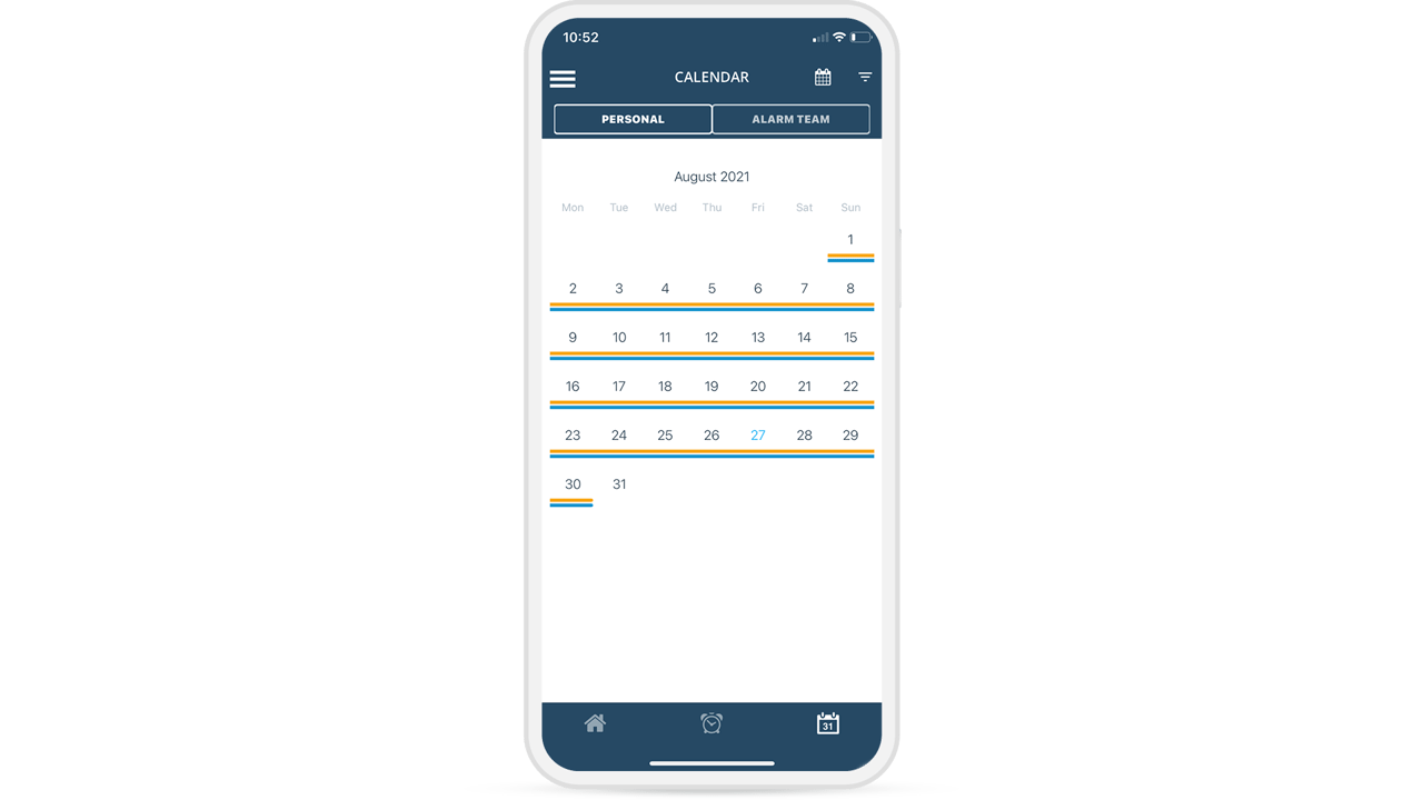 Vue mobile du calendrier de l'USU Alerting App avec un aperçu mensuel des heures de service et de disponibilité marquées en couleur.