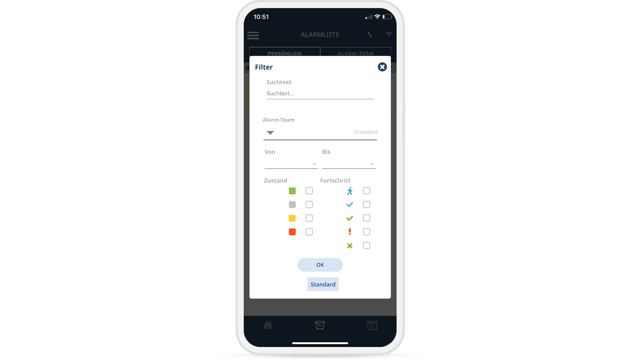 Vue filtre mobile de l'USU IT Alerting App avec options de restriction par période, statut d'alarme et avancement du traitement.