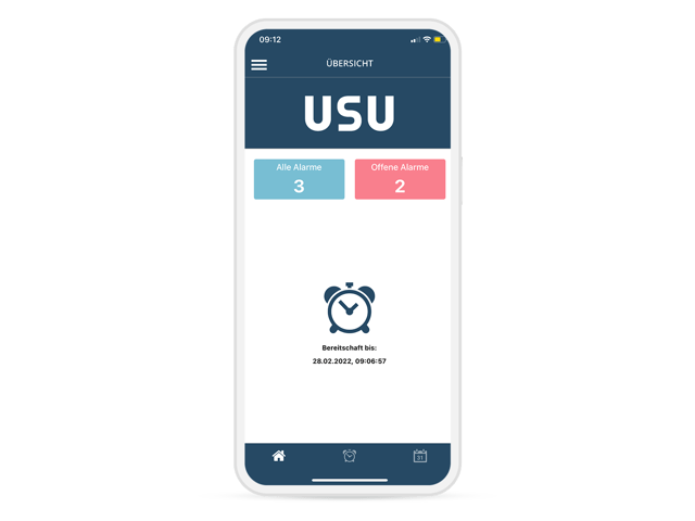 Aperçu mobile de l'USU IT Service Alerting App avec affichage de toutes les alarmes et des alarmes ouvertes. L'état de disponibilité est affiché, y compris l'horodatage.