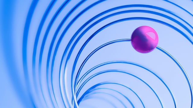 Abstract representation of IT service monitoring: A pink sphere moves through blue concentric circles – symbolizing fast alerting and monitoring of business-critical applications to prevent IT outages.