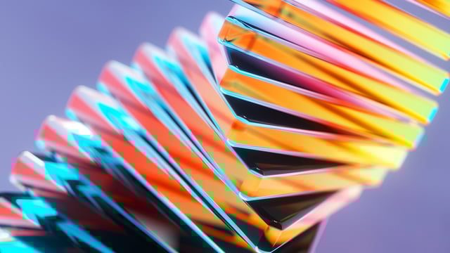 Des surfaces vitrées colorées empilées de manière dynamique symbolisent la manière dont l'IA soutient de manière intelligente et efficace les processus de gestion des services informatiques.