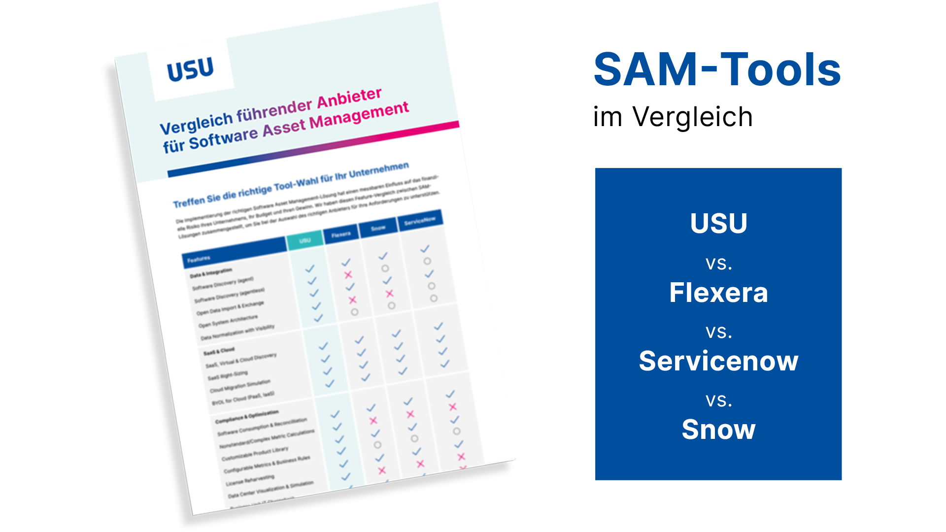 SAM Tool Vergleich USU vs. Flexera vs. Servicenow vs. Snow