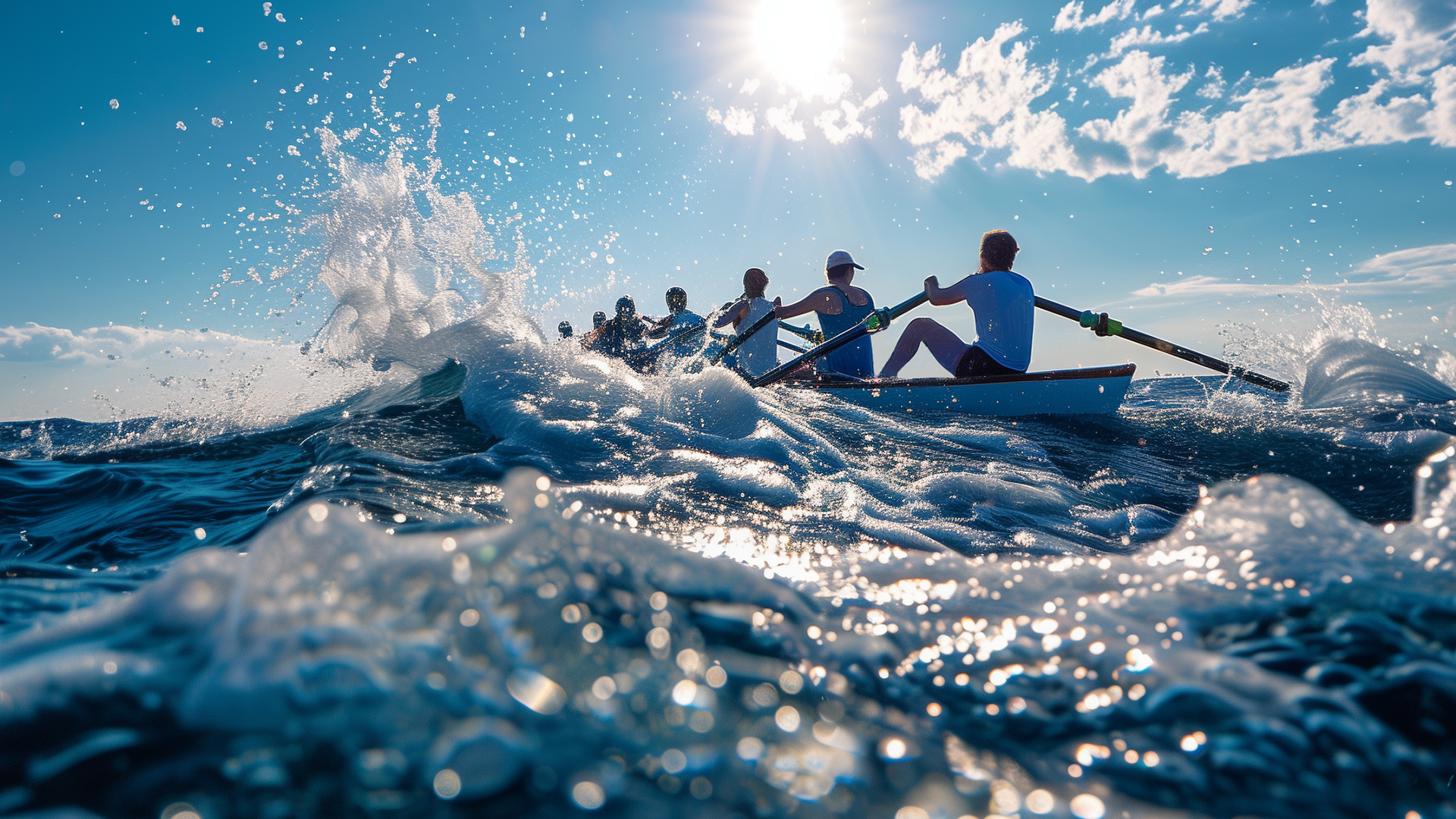 A group of people rowing on the water