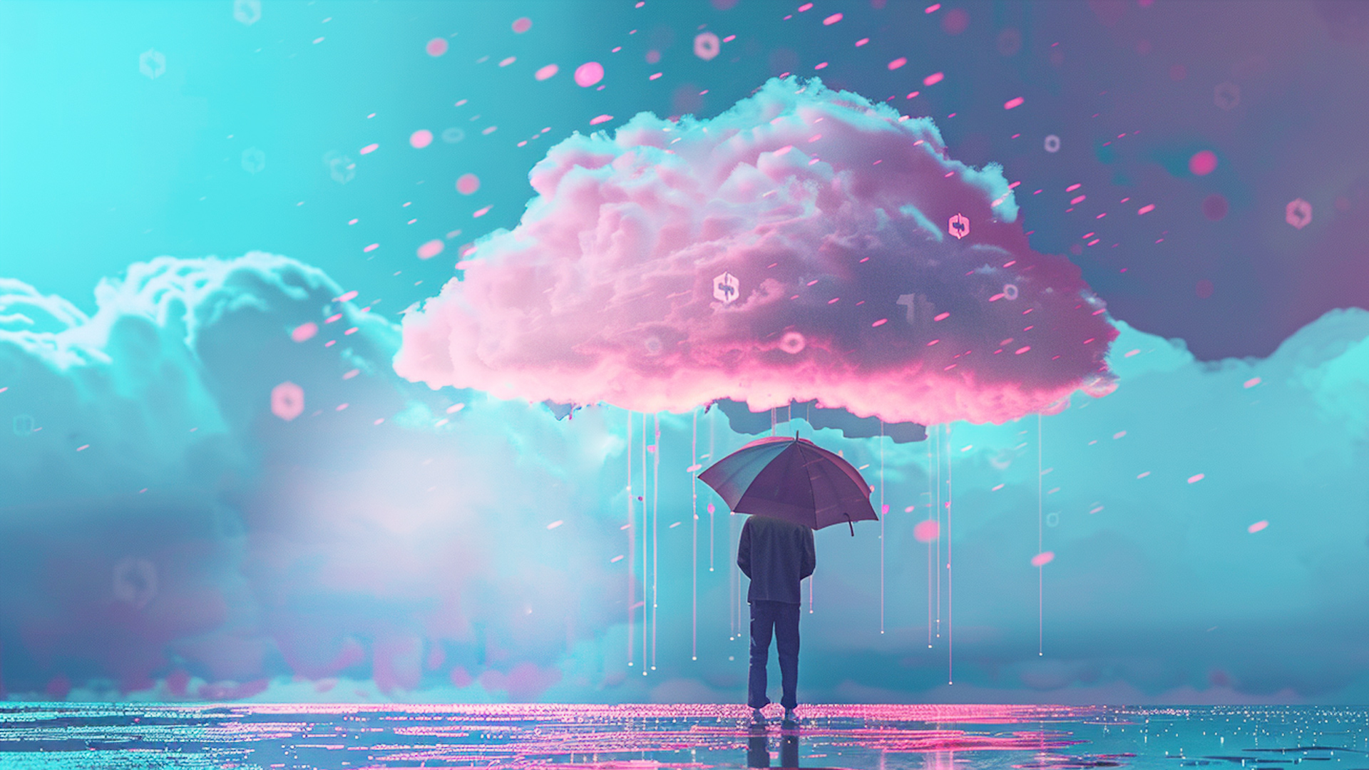 A person with an umbrella standing under a rain cloud