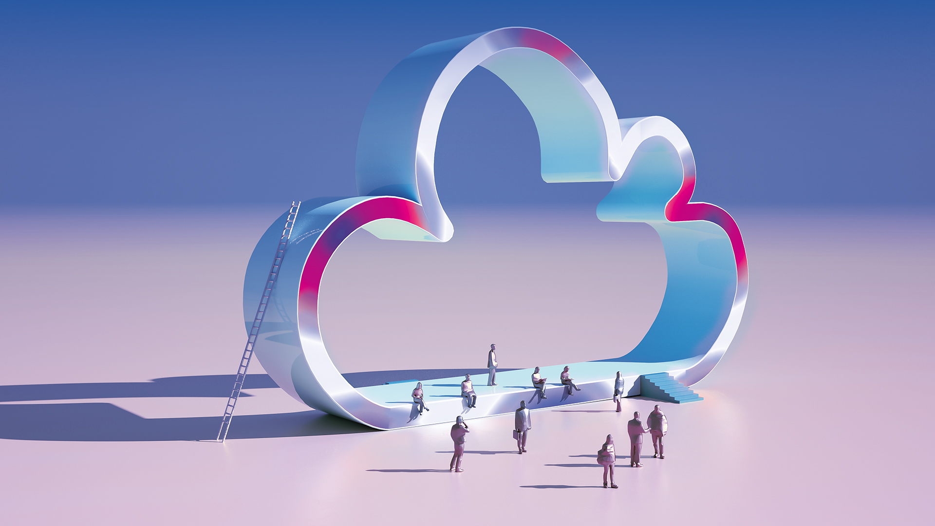 People walking around a big metal cutout of a cloud